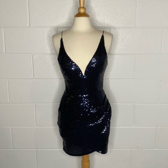 Navy Sequins Deep V Neck Open Back Formal Mini Dress P - Picture 1 of 13